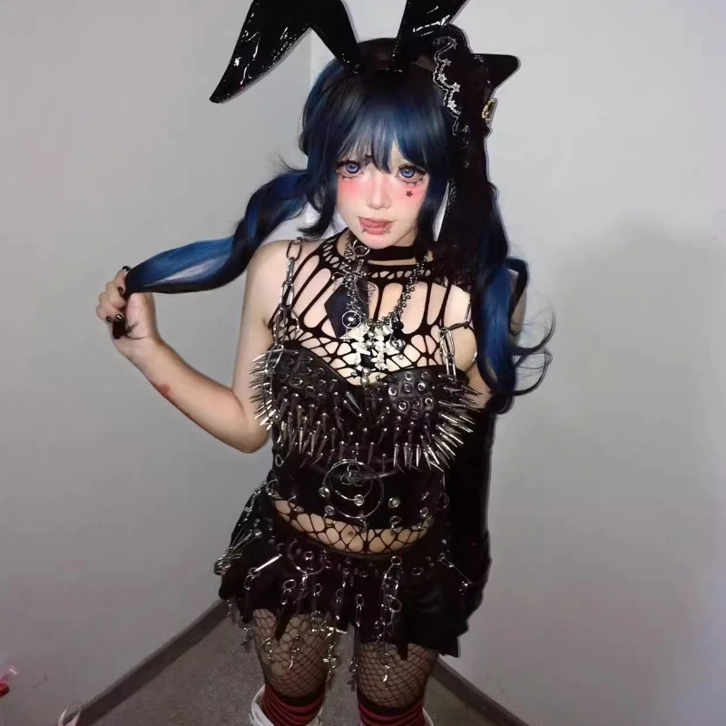 新作 スウィートクール ゴシック ブラック レディース スリング 2025 夏 Y2K ホットガール 欧米風 セクシー パンク チェーン ファッション リベット ベスト レディース