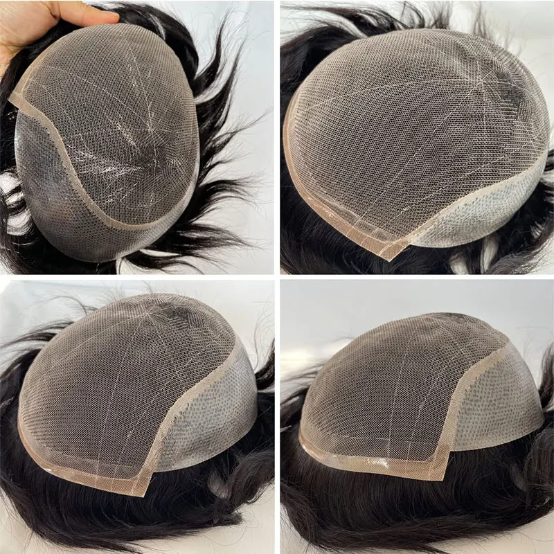 New Hairpiece Q6 Toupee For Men Swiss Lace & PU Base Human Hair Replacement System Unit Toupee Wig For Men Wigs 8x10 Toupee 1B