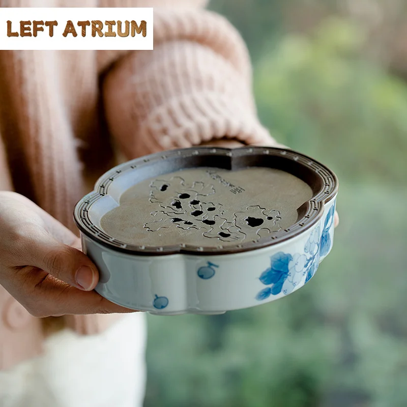 

Retro Blue Ceramic Dry Brewing Table Pure Hand-painted Loquat Begonia Pot Bearing Holder Kung Fu Tea Set Water Storage Pot Base
