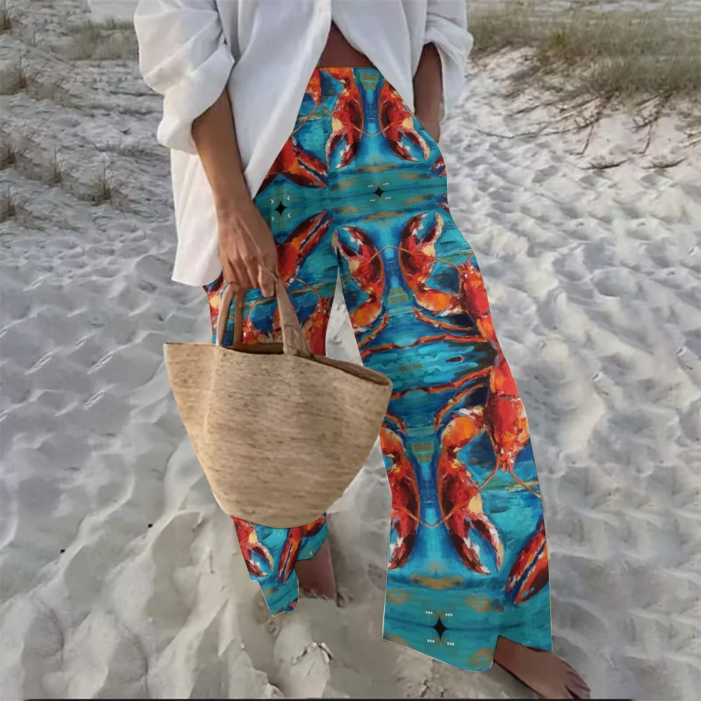 

2024 New Female Vintage Hawaiian Style Crab Printed Pants Outfit Chic Cotton Loose Casual Floor-Length Wide Leg Pants For Women