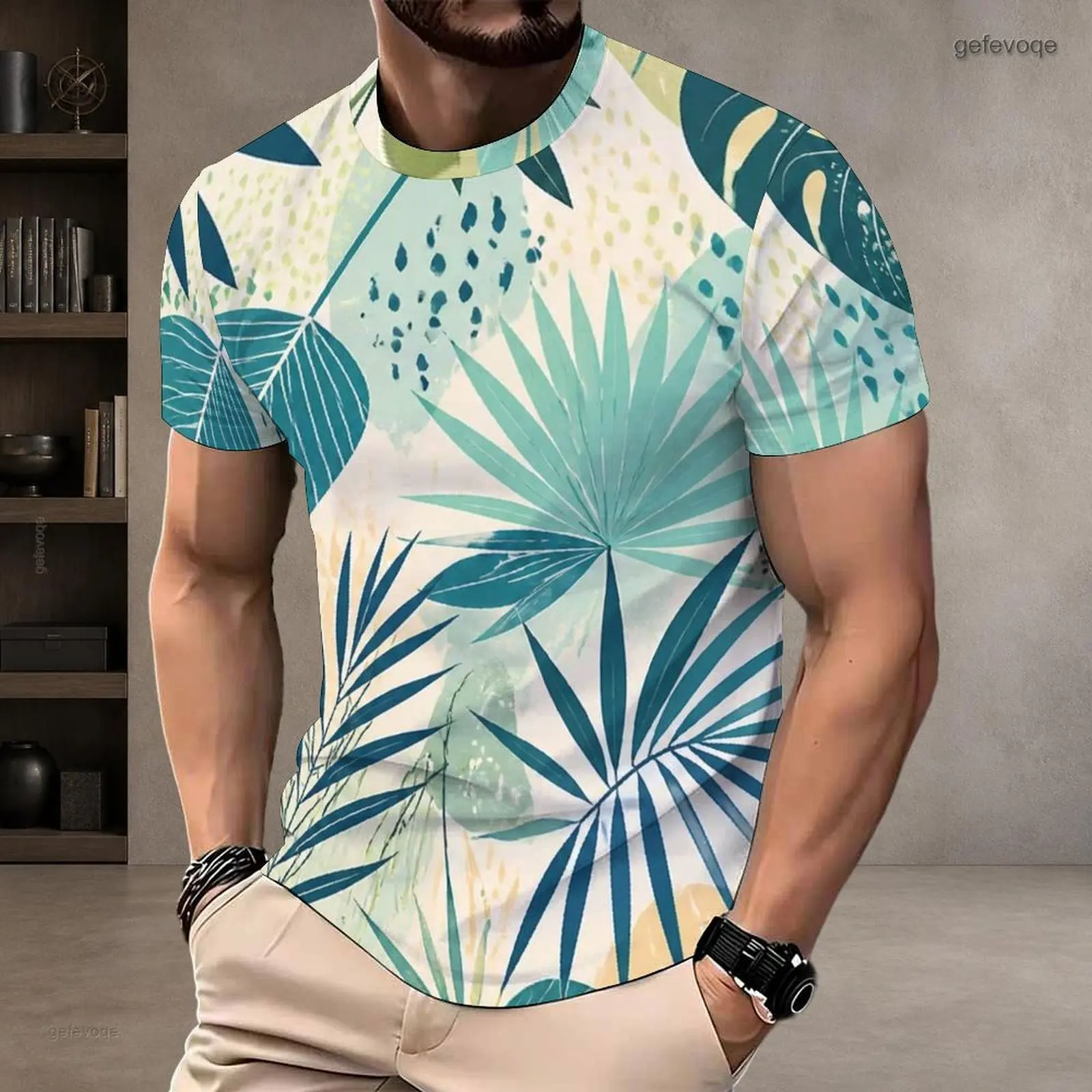 Men Round Neck Short Sleeve T-Shirt, Teal Mint Cream Tropical Leaf Print Pullover Top