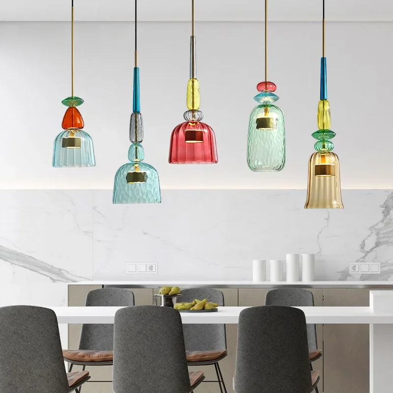 

Colorful Glass LED Pendant Lights for Dining Room Kitchen Table Hanging Chandeliers Suspension Restaurant Bar Decor Pendant Lamp