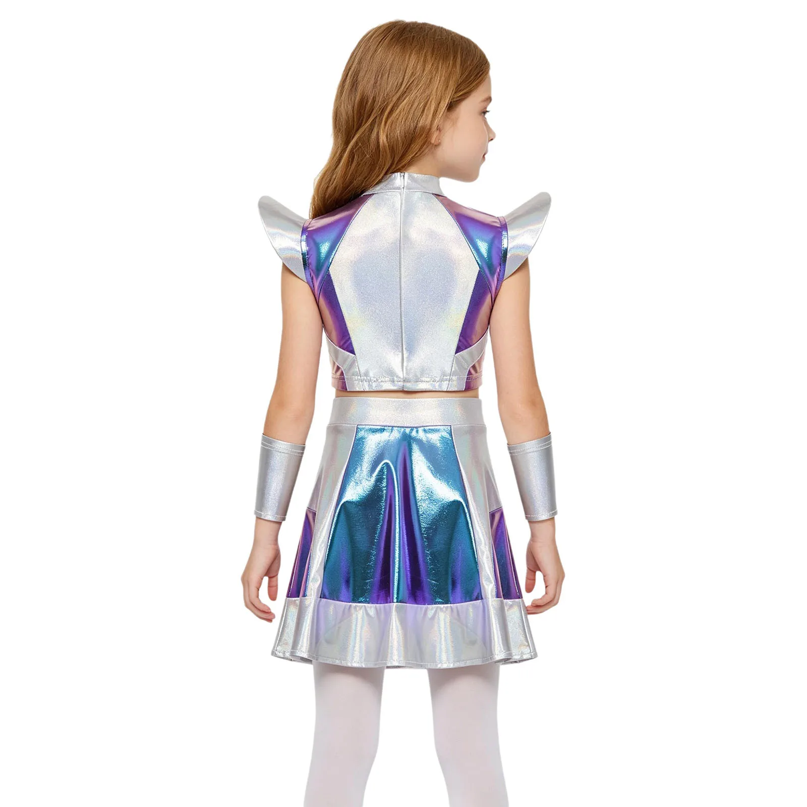 Children Girls Metallic Shiny Hip Hop Jazz Dance Outfit Crop Top with Skirt Sleeves Alien Space Cadet Robot Astronaut Costume - view 3