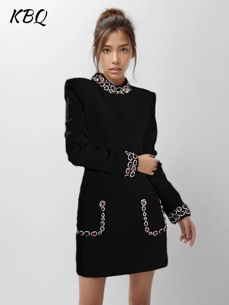 

KBQ Spliced Diamonds Temperament Black Mini Dress For Women Round Neck Long Sleeve High Waist Patchwork Pocket Dresses Female