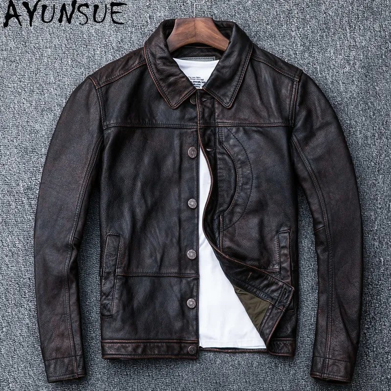AYUNSUE Men Reddish Brown First Layer Cowhide Leather Jacket Vintage Washed Distressed Real Leather Coat Turn Down Collar Jacket