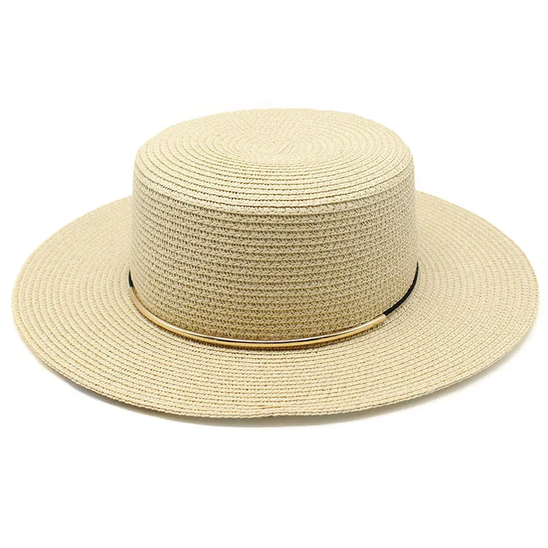 Summer Women Sun Hats Straw Caps 56-58cm Flat Brim Topper Hat Simple Thin Strap Travel Beach French Style TY0225