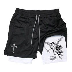 Angel Cross Graphic 2 in 1 Workout Running Shorts for Men Gym Athletic Quick Dry Shorts with Phone Pocket Towel Loop Activewear