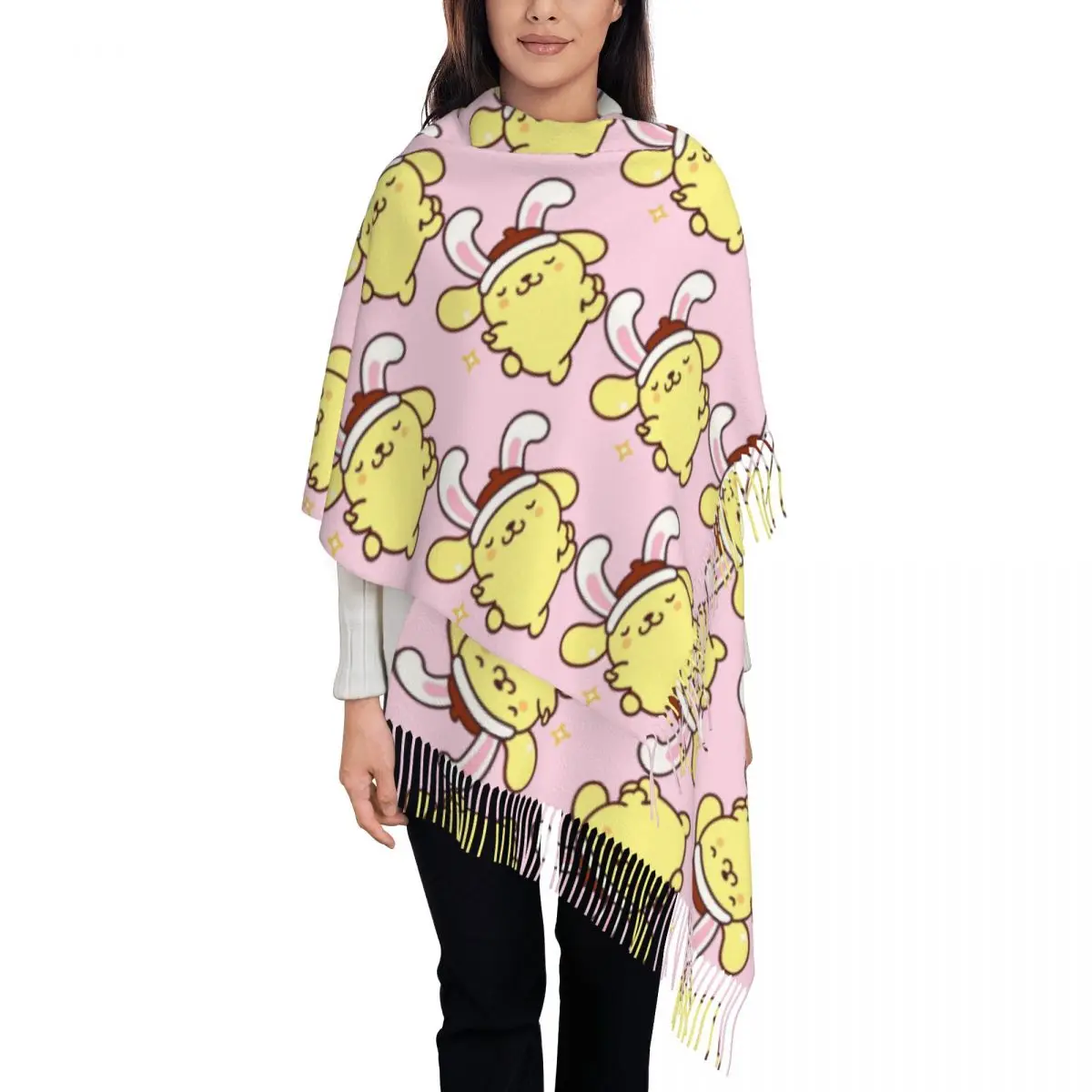 

Custom Lady Long Pompompurin Rabbit Ears Scarves Women Winter Fall Soft Warm Tassel Shawl Wrap Scarf