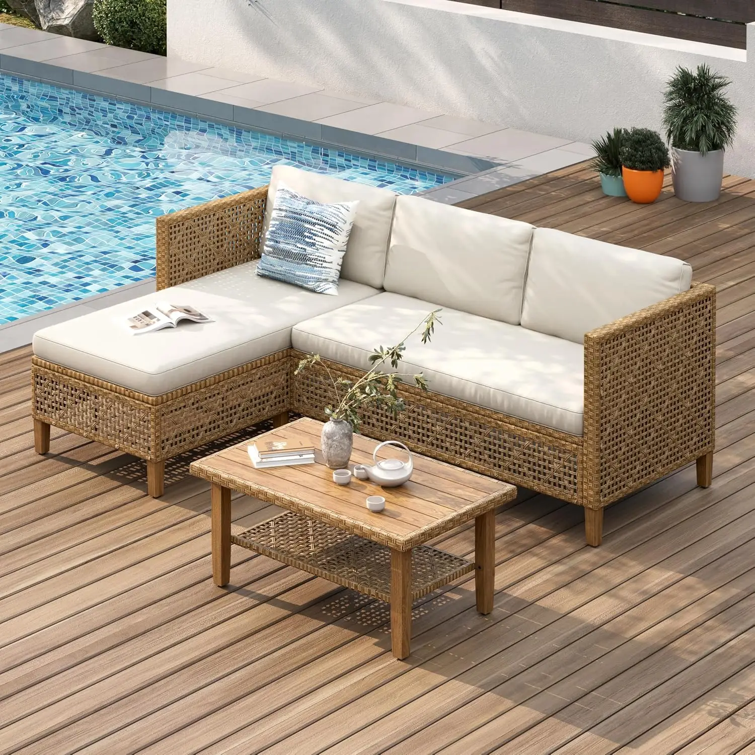 Small L-Shaped Outdoor Sectional Sofa Set, 4-Seat Wicker Rattan Patio Furniture with Coffee Table for Deck Porch, Customized