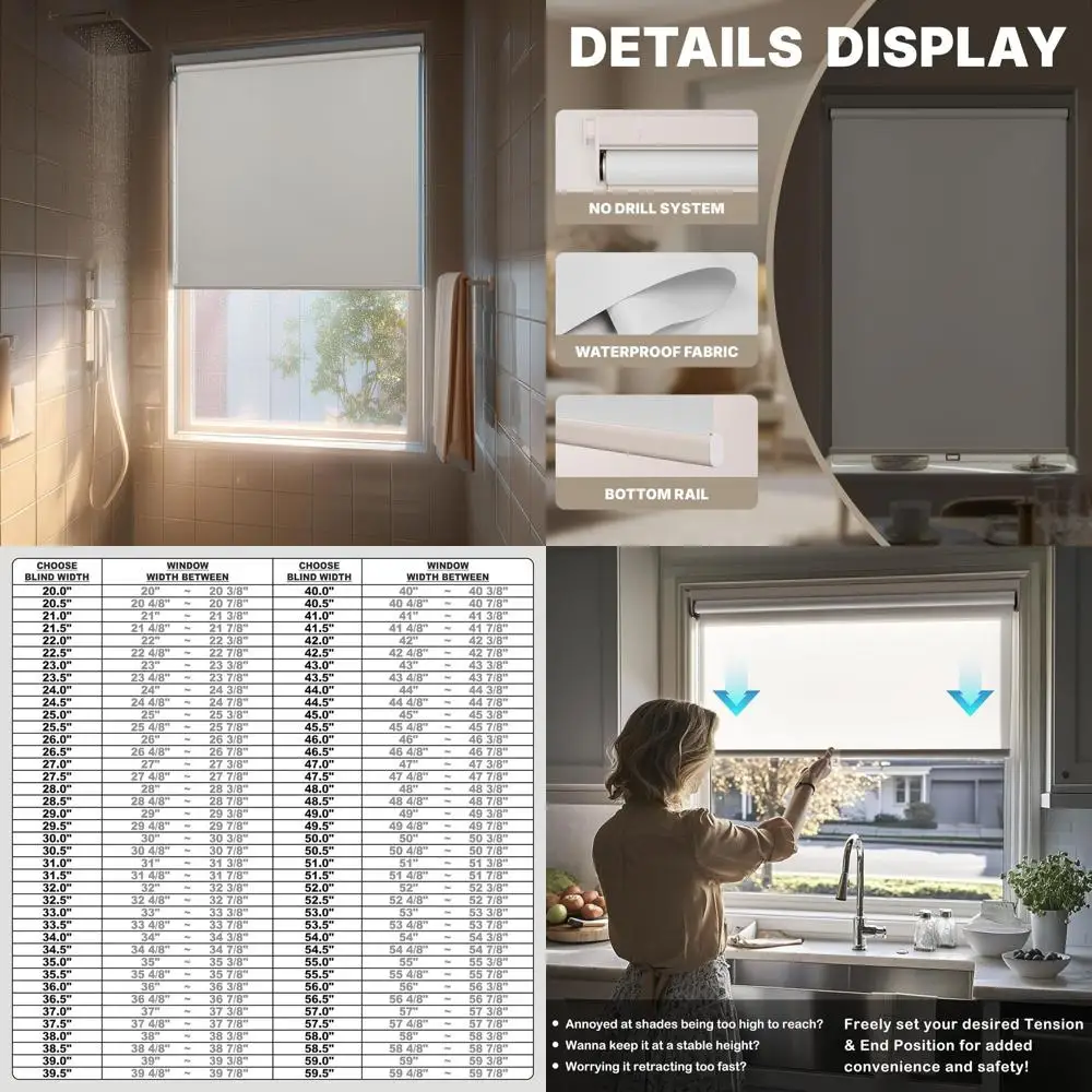 

Waterproof Cordless Roller Blinds, No-Drill Auto-Retract, Easy Install, 27.5x54, White for Bathroom/Kitchen/Office