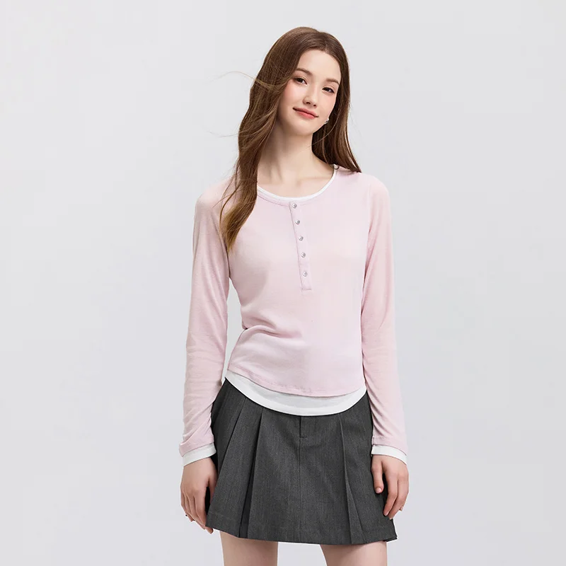 Semir Long Sleeve T-Shirt Women Short Skinny Slimming Simple 2025 Spring New Faux Two-piece Contrast Color Bottoming Shirt image 4