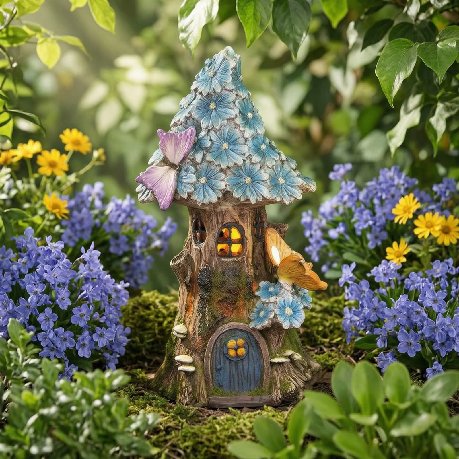 Fairy House with Solar Light Resin Tree House Statue Miniature Treehouse Glowing Yard Ornament Resistant for Gardeners, Patio view 5