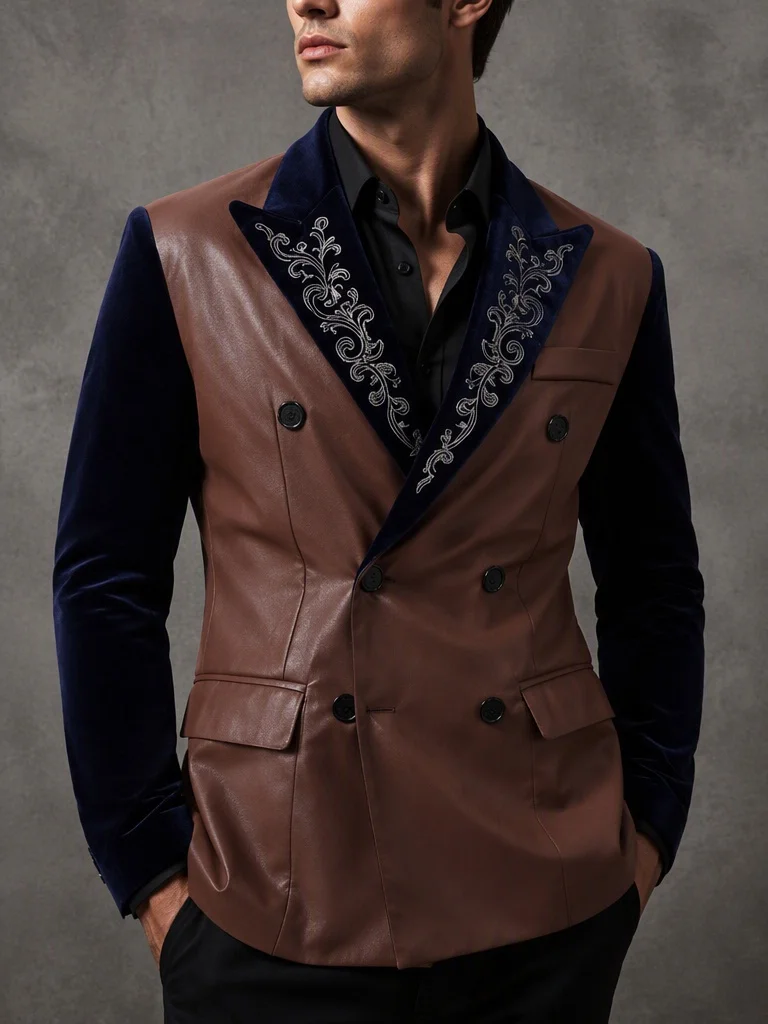 Men's Faux Leather Velvet Sleeve Blazer Lapel Double‑Breasted Slim Fit Formal Party Wedding Prom Business Casual Suit Jacket