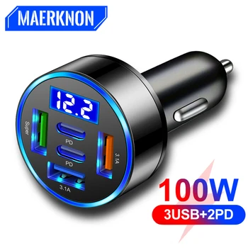 Araba şarjı 100W destek süper hızlı şarj 5 1 çok portlu gerilim araba araç ile dijital ekran cep telefonu adaptörü