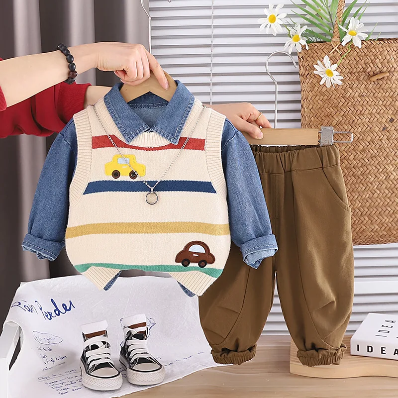 

Spring fall toddler baby Boys' clothes Outfits sets Cowboy Shirt Knitted Vest Pants 3pcs Suits for kids baby clothing sets girls