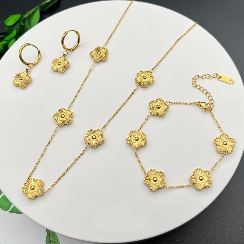 Luxury Stainless Steel Jewelry Gold Color Necklace Earrings Bracelet Set for Women Five Flower Clover Fashion Accessories 2023