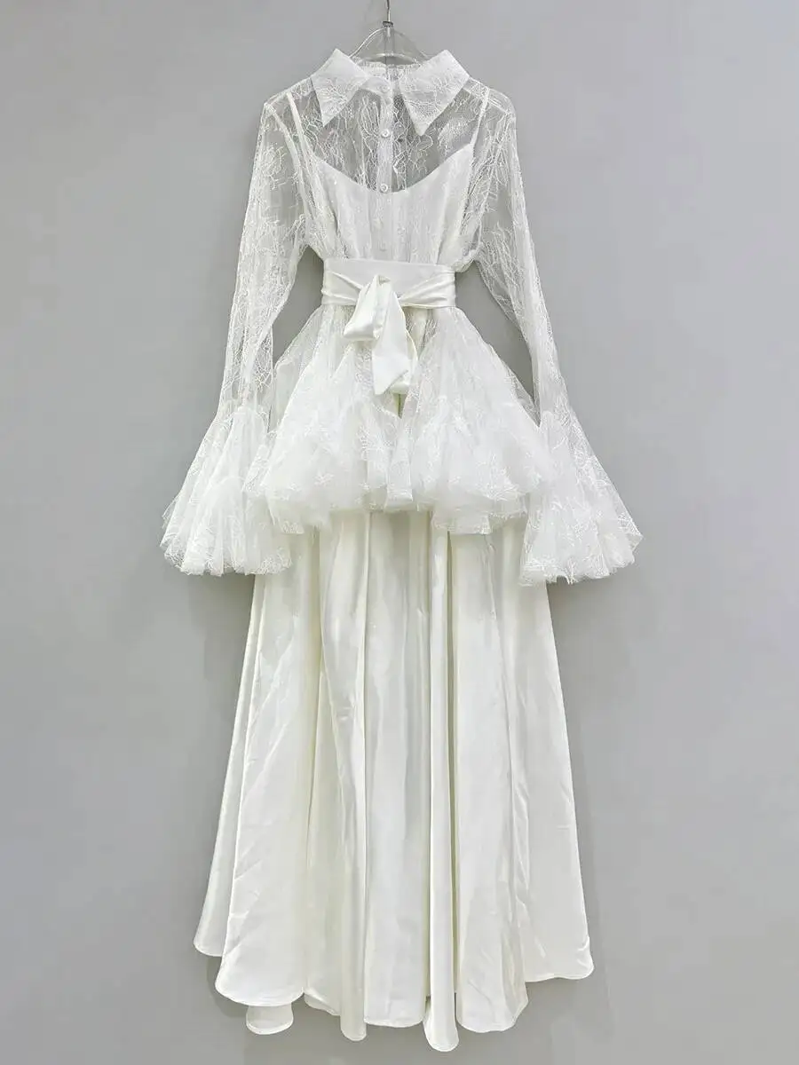 BJTZ Dames 2026 Nieuwe Elegante Temperament Kant Satijn Set Elegante Pure Ruche Blouse + Rok Lente Herfst Luxe Coord