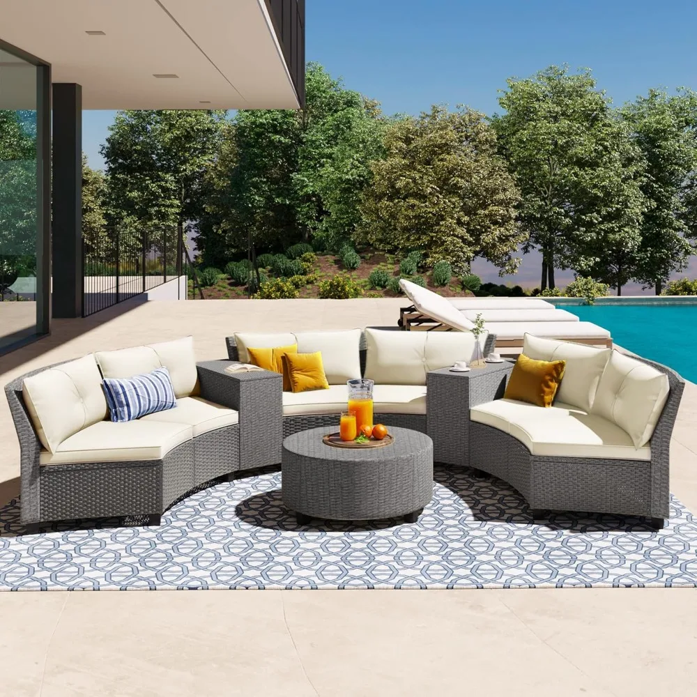 

Patio Furniture Set, Unique Half-Moon Semicircle Patio Conversation Sets with Round Coffee Table & Two Side Table, All Weather