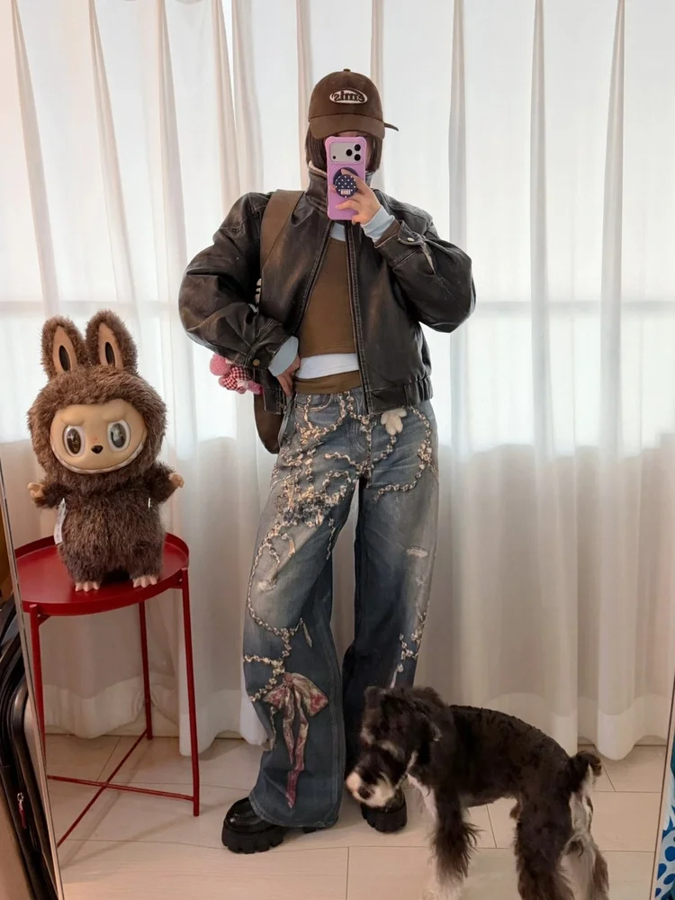 

Stunning Wide Leg Straight Jeans Women's Denim Pants Crystal Knot Chain Detail Natural Waist Cotton Stretchy