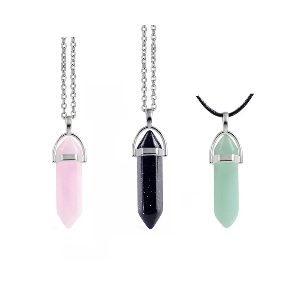 Point Pillar Bullet Hexagonal Column Necklace Natural Stone Quartz Crystal Chakra Pendant Necklace for Women Men with Chain