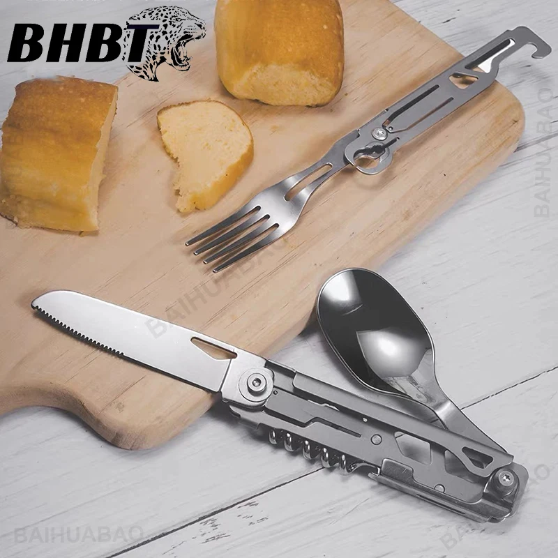 

BAIHUABAO Camping Knife Multitool Outdoor Folding Picnic Detachable Knife Fork Tableware Cutlery Set Portable Travel Cutter