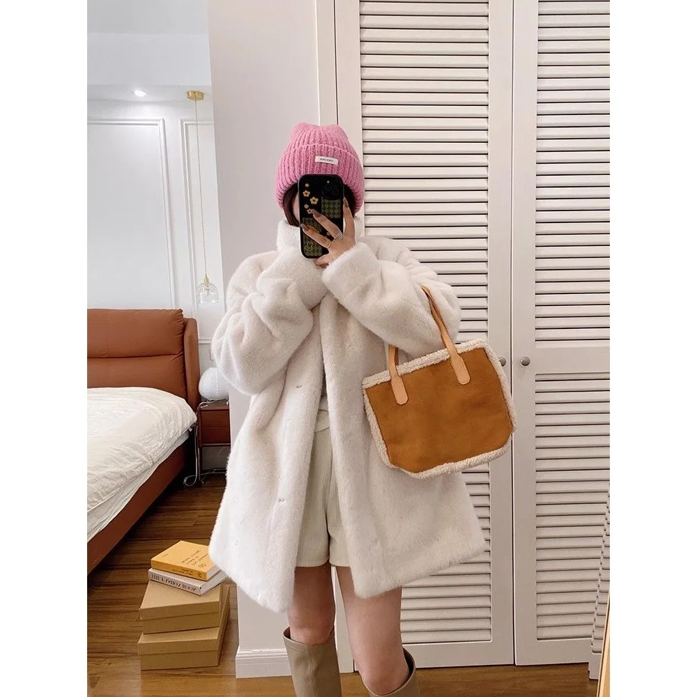 Długi płaszcz ze sztucznego futra damski płaszcze damskie mieszanki dopasowany wieczorowy damski z nadrukiem czysty ręcznie cięty dopasowany krój guziki stójka podszyty