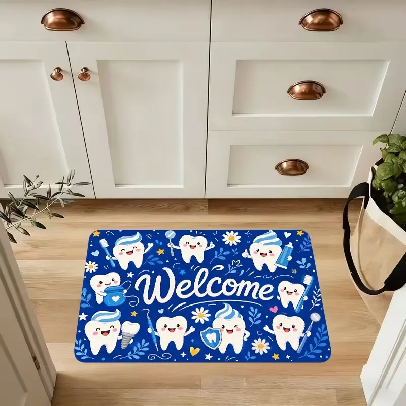 Green Cartoon Dentist Print Doormat Cute Tooth and Dental Tools Design Non Slip Floor Mat