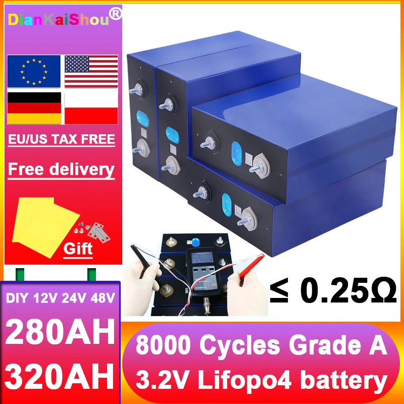 

NEW 3.2V 280Ah 320Ah LiFePO4 Battery 8000 Cycles Grade A cells DIY 12V 24V 48V RV EV Vans Golf Cart Rechargeable EU/US TAX FREE