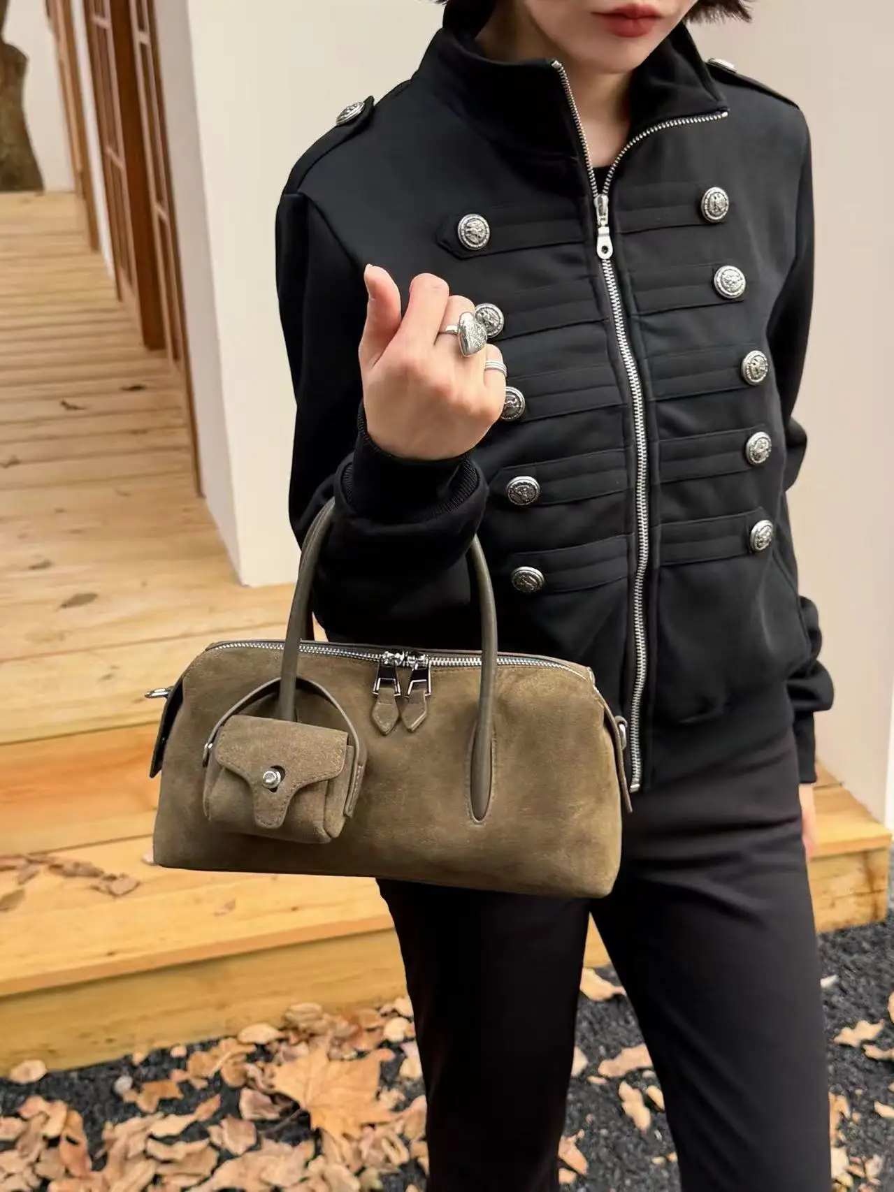 Women Split Suede Nubuck Cowhide Boston Handbag Vintage Daily Commuter Shoulder Crossbody Bag With Mini Coin Purse