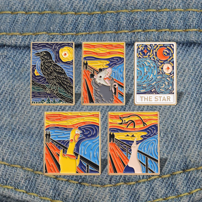 Screaming Animals Oil Painting Enamel Pins Custom THE STAR Crow Brooches Lapel Badges Punk Jewelry Gift for Friends