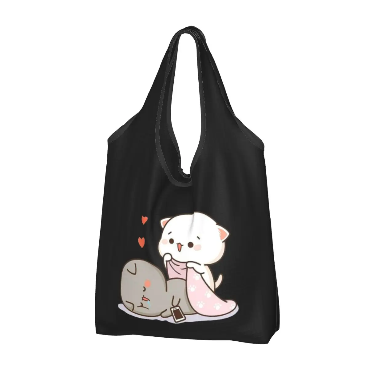 Custom Peach And Goma Mochi Cat Groceries Shopping Bags Custom Shopper Shoulder Tote Bags Big Capacity Portable Handbag