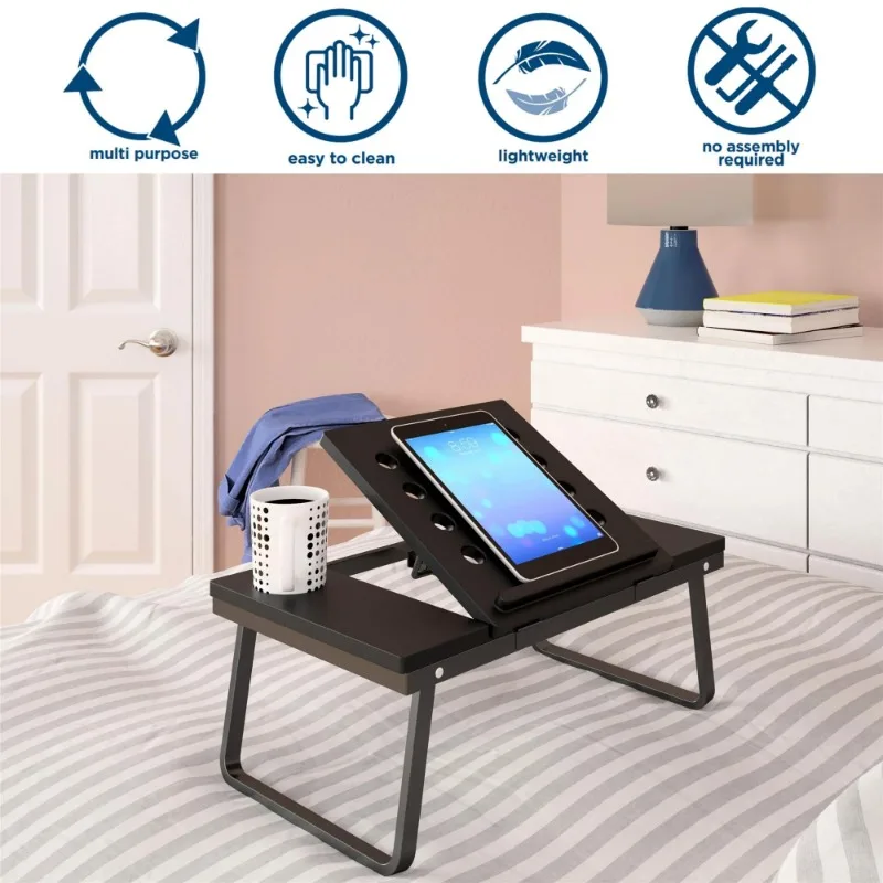 Mesa dobrável, gaveta de armazenamento, suporte para copos Tablet Standing Book Prateleira, Leitura e Escrita, Suporte do telefone e suporte do copo, Preto