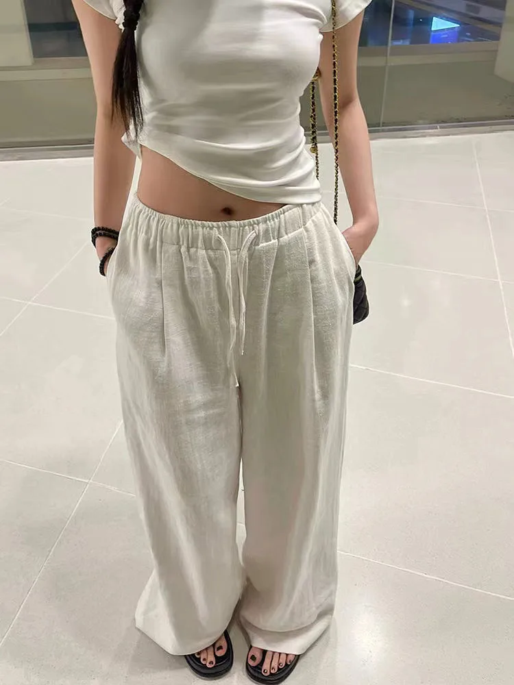 

Woman Korean White Linen Wide Leg Pants Casual Baggy Fashion Elastic Waist Straight Trousers Summer Comfort Mopping Pant Female