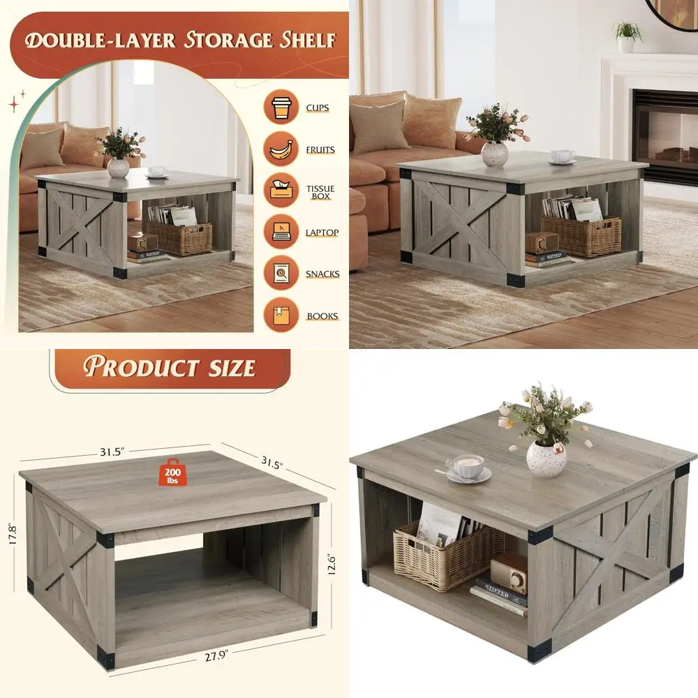 Rustic Farmhouse-Style Coffee Table with Open Storage, 31.5 Square, Living Room Wood Center Table, Greige