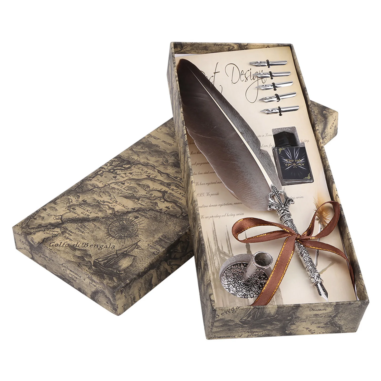 

English Calligraphy Feather Dip Quill Pen Writing Ink Set Stationery Gift Box with 5 Nibs
