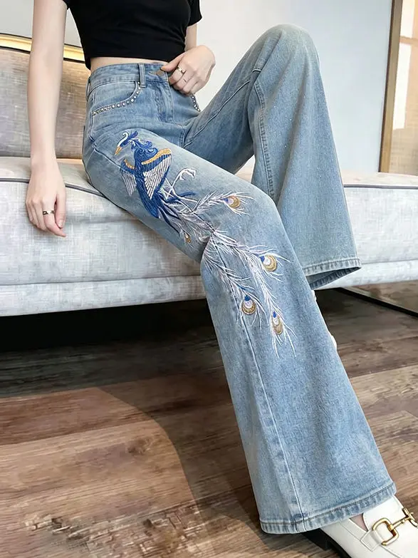 

Vintage Embroidery Jeans For Women High Waist Casual Loose Wide Leg Denim Pants Spring Autumn Chic Straight Trousers