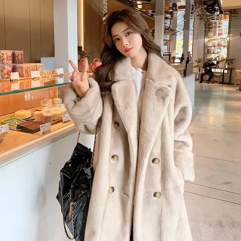 Otoño Invierno nuevo abrigo de piel de conejo suelto respetuoso con el medio ambiente abrigo largo grueso cálido temperamento traje suelto abrigo con cuello XQ28