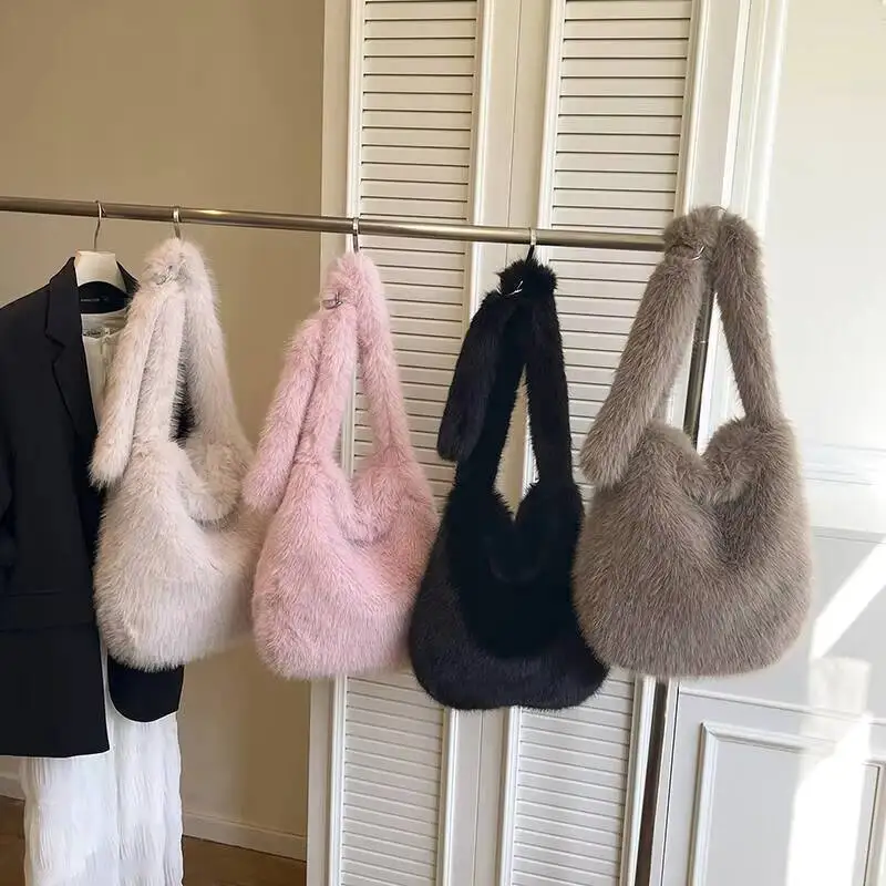 Faux Fur Slouchy Hobo Shoulder Bag with Plush Integrated Strap Large Capacity Fashion Handbag for Daily Casual Outfits