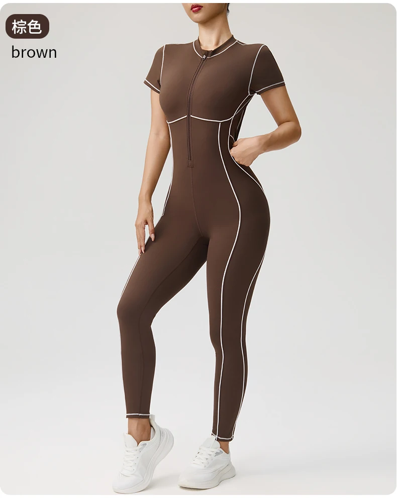 Einteiliger Yoga-Jumpsuit für Damen mit Brustpolster, Leggings, kurzen Ärmeln, rückenfrei, schmale Passform, Sport-Outfit, hohe Elastizität, weicher Komfort – Detail 12