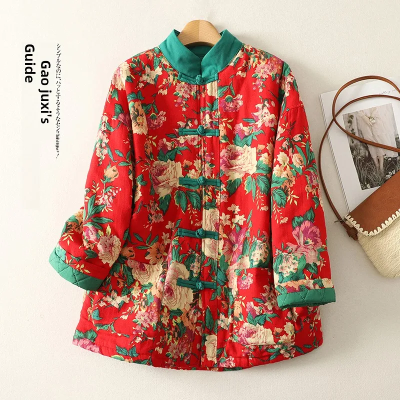 Jaet aus verdickter Baumwolle mit Knopf, ethnischer Ärmel, warme Winter-Oberbekleidung, lockere Materni-Kleidung, Einzelknopfverschluss, lang, Sve