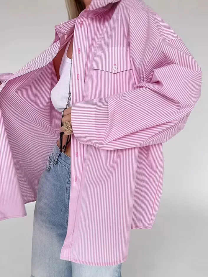 Faionable Pink Striped Loose Casual irt Women's Commute Sle Long Sve Button up Regular Length Striped irt