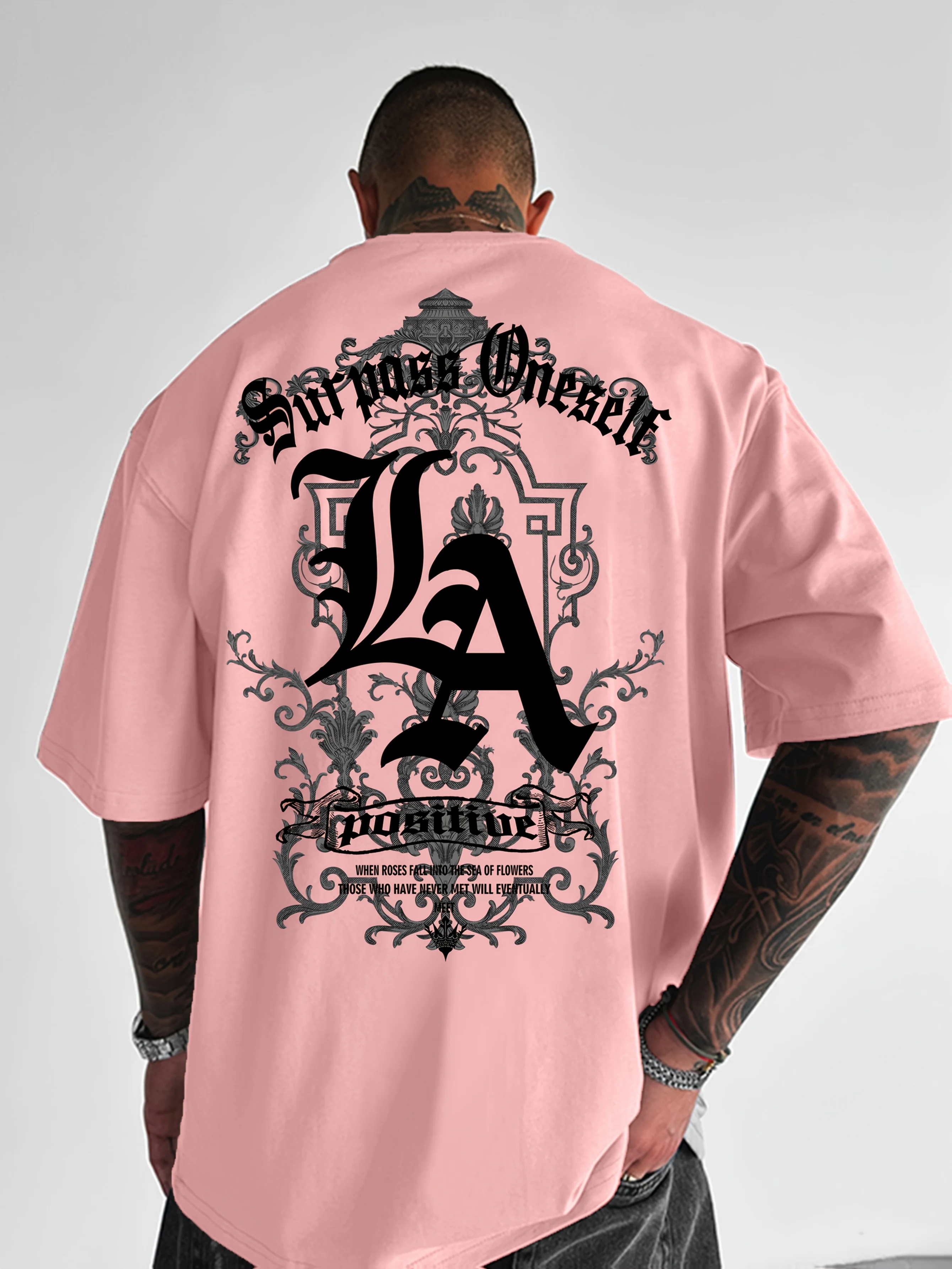 Men's summer 100 pure cotton fashionable casual sports loose back large LA letter printed round neck short sleeved T-shirt top image 2