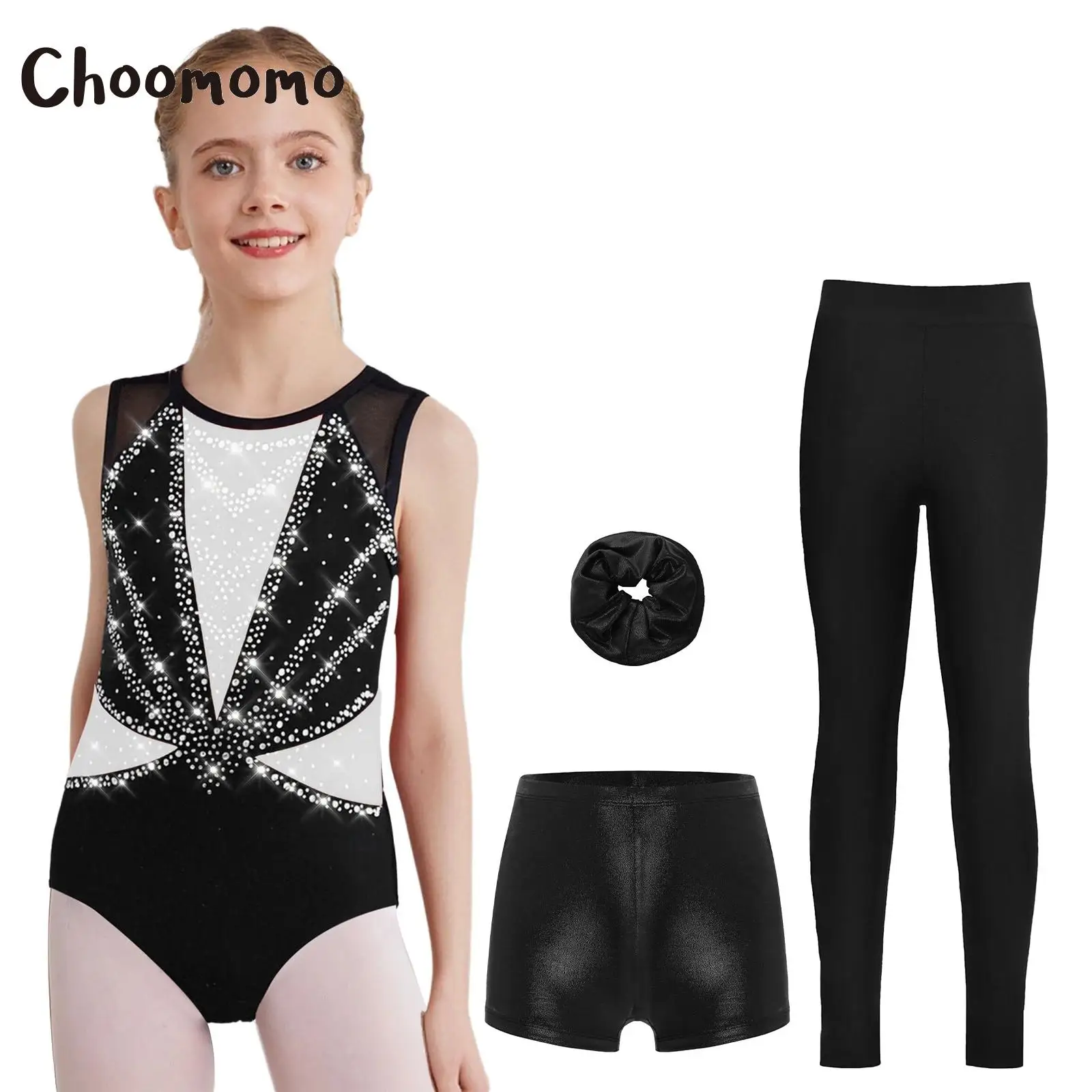 Conjuntos de ginástica de balé roupa esportiva para crianças meninas patinação artística roupa de dança collant com shorts leggings faixa de cabelo sem mangas