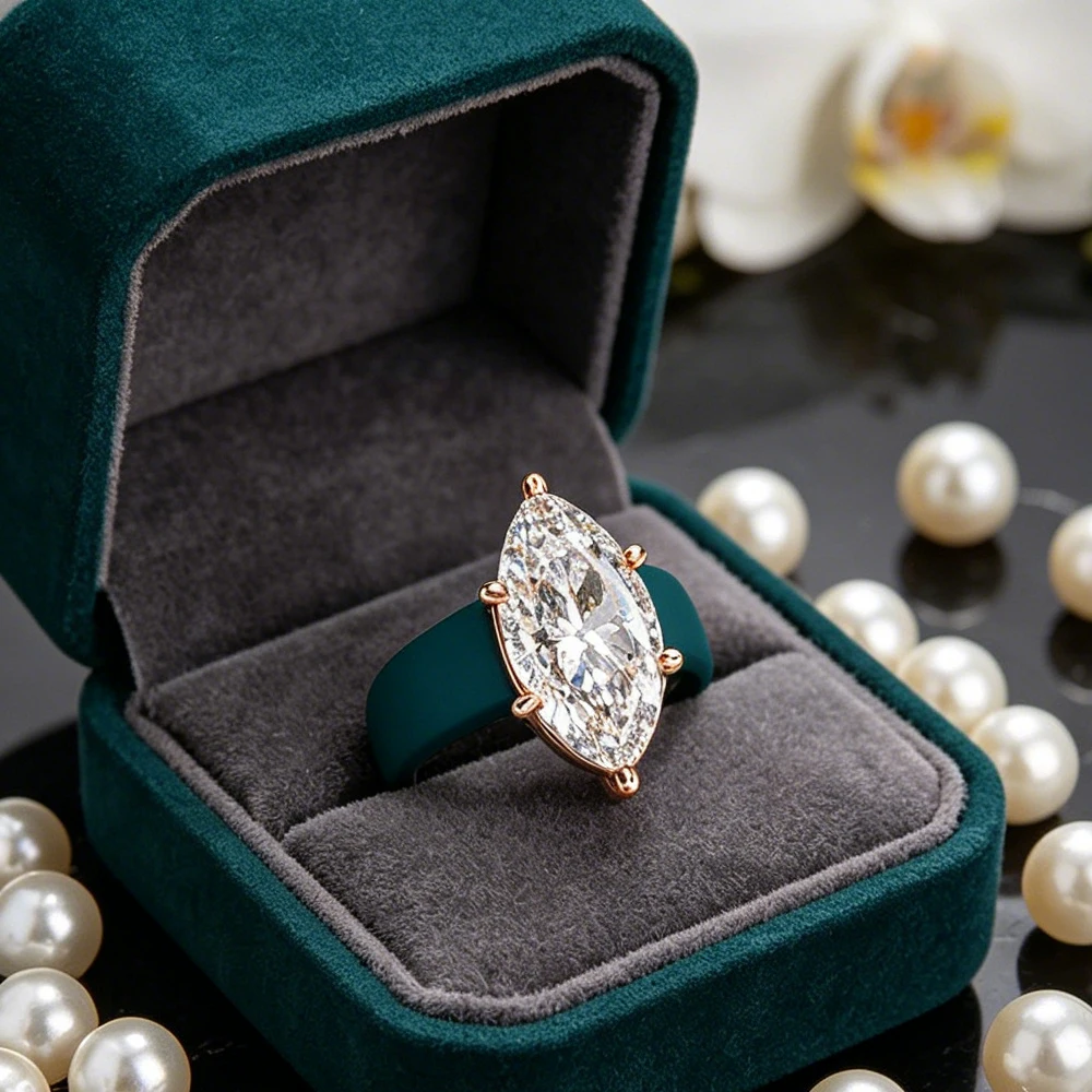 Minimalist Teal Silicone Band Ring, Marquise Cut Diamond Simulant Solitaire Ring, Versatile Everyday Wear Jewelry for Her