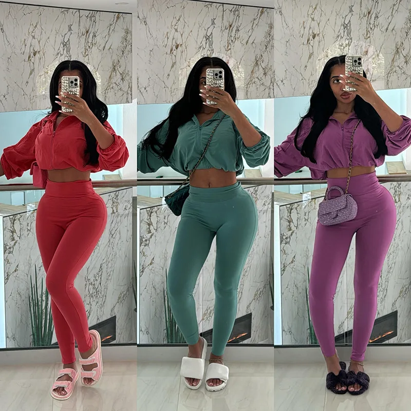 Autumn Two Piece Matching Sets Jacket and Jogger Set Womens Outfits Casual Sports Suit Long Sleeve Crop Top Long Trousers Sets