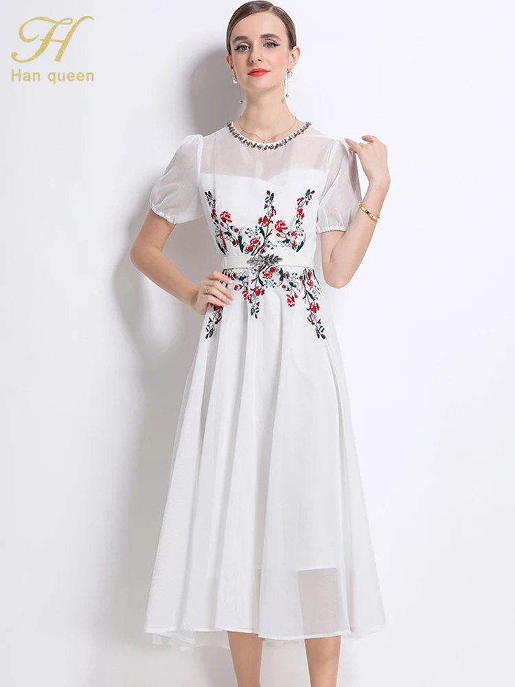 

H Han Queen Summer Flower Embroidery Diamond Holiday Prom Dresses Mesh Bead O Neck Puff Sleeved A-line Women Retro Dress