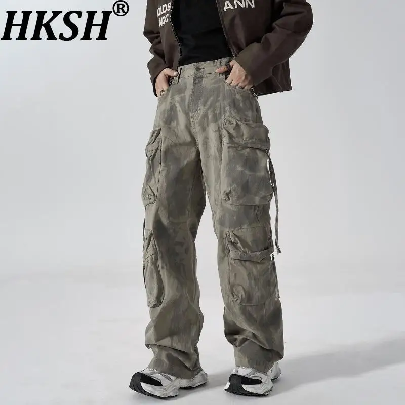 

HKSH весна осень новые мужские винтажные потертые брюки-карго с несколькими карманами свободные повседневные потертые брюки в стиле сафари Ins HK12117