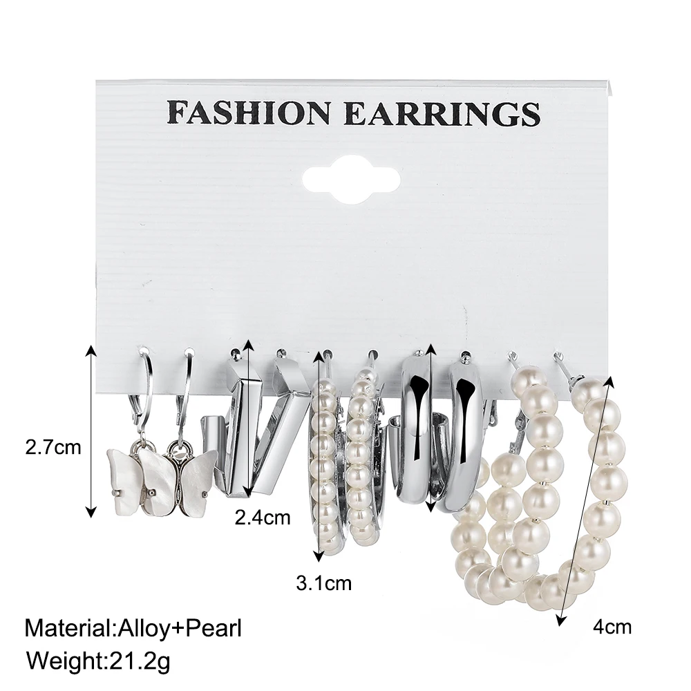 Silver Color Butterfly Pearl Earrings Set For Women Girls Vintage Circle Geometric Resin Twist Hoop Earrings Trendy Jewelry Gift