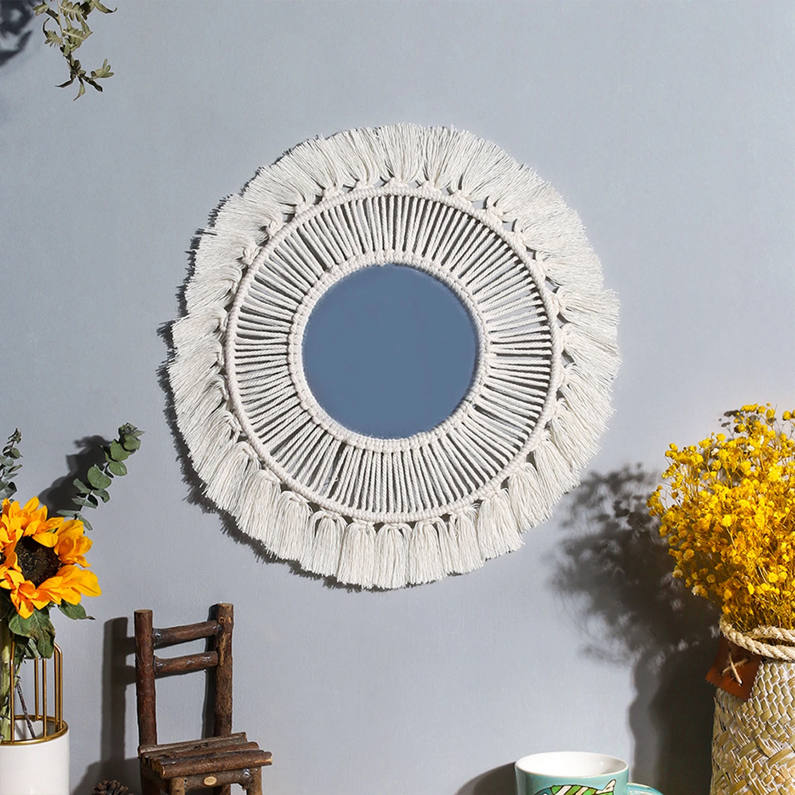 Wall Mirror Hanging Vintage Acrylic Macrame Fringe Hand Knitting Mirror Boho Home Decor Wall Hanging Mirror for Living Room