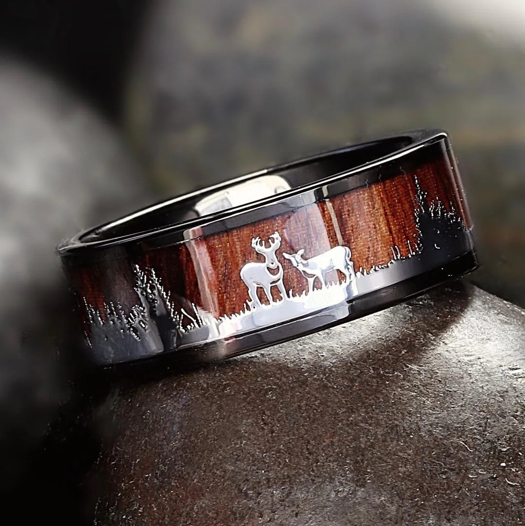 

Men's Wood Texture Ring Black Stainless Steel Contour Ring Unique Men's Gift